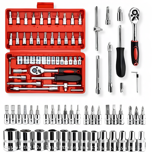 Trusa Chei Tubulare 48 Piese Cu Clichet Profesionala, Set Scule Auto Si Casa, Bituri Si Capete Diverse, Prelungitoare, Maner Clichet Rapid, T Bar, Adaptor,Culoare Rosu