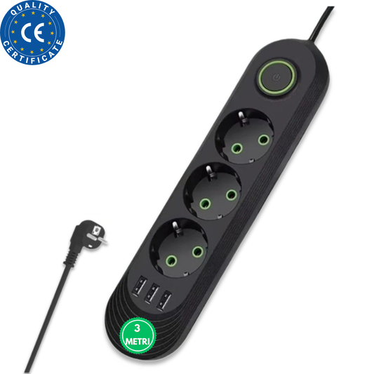 Prelungitor Electric 3 Prize Schuko, 3 Porturi USB,Buton Oprire, Negru