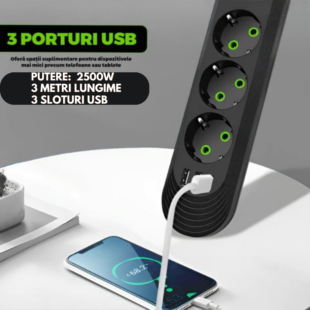 Prelungitor Electric 3 Prize Schuko, 3 Porturi USB,Buton Oprire, Negru