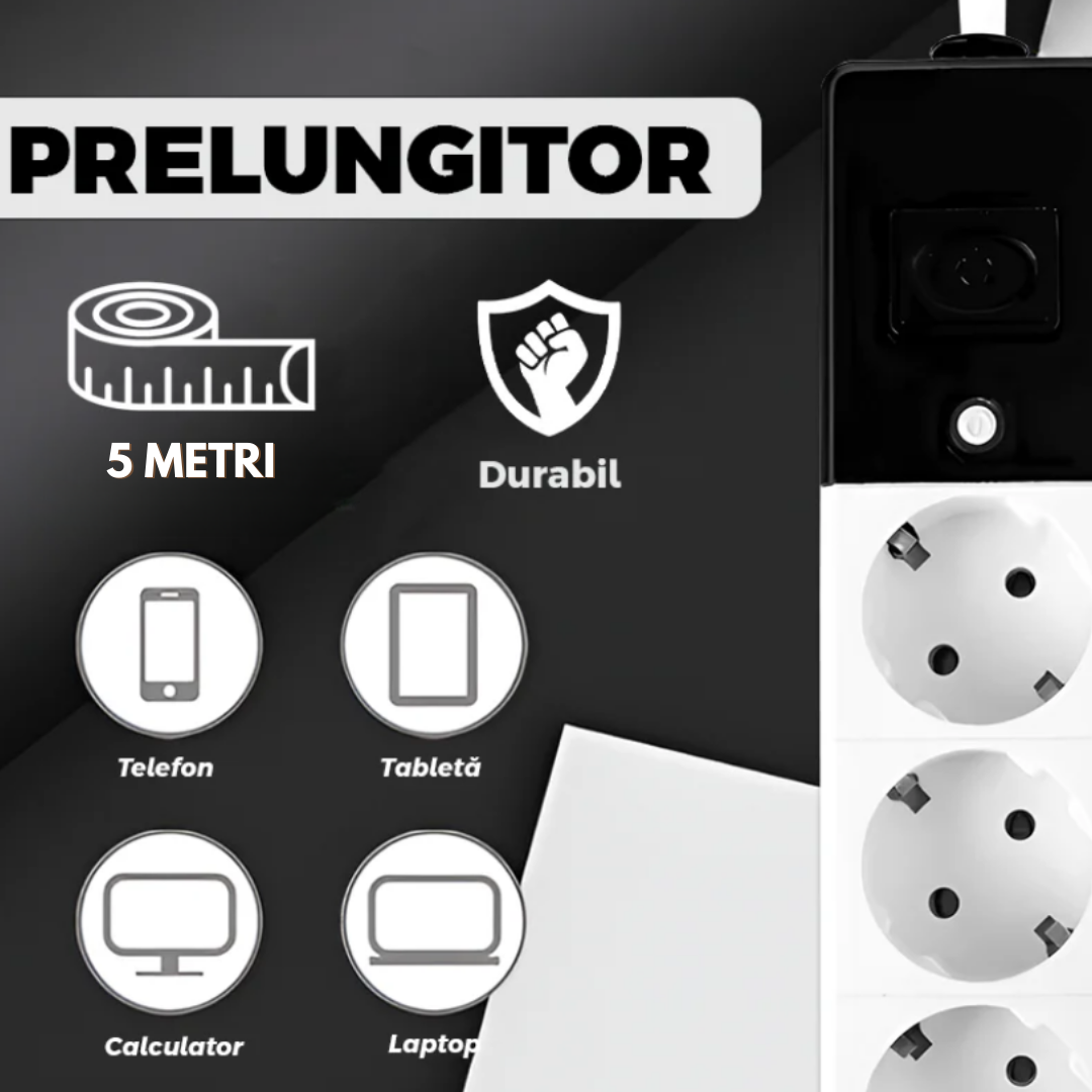 Prelungitor Electric 5 Prize Schuko Cu Intrerupator On Off, Cablu 5 Metri,Alb-Negru