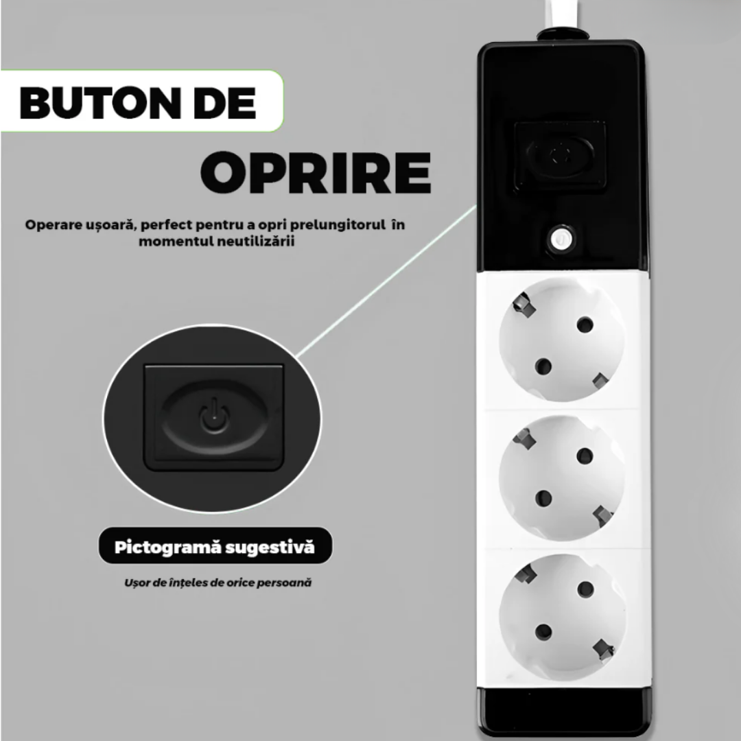 Prelungitor Electric 3 Metri, 3 Prize Schuko, Buton Oprire,Negru
