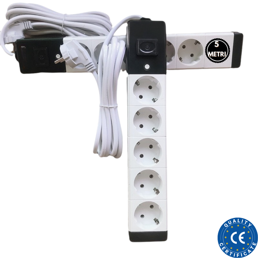 Prelungitor Electric 5 Prize Schuko Cu Intrerupator On Off, Cablu 5 Metri,Alb-Negru