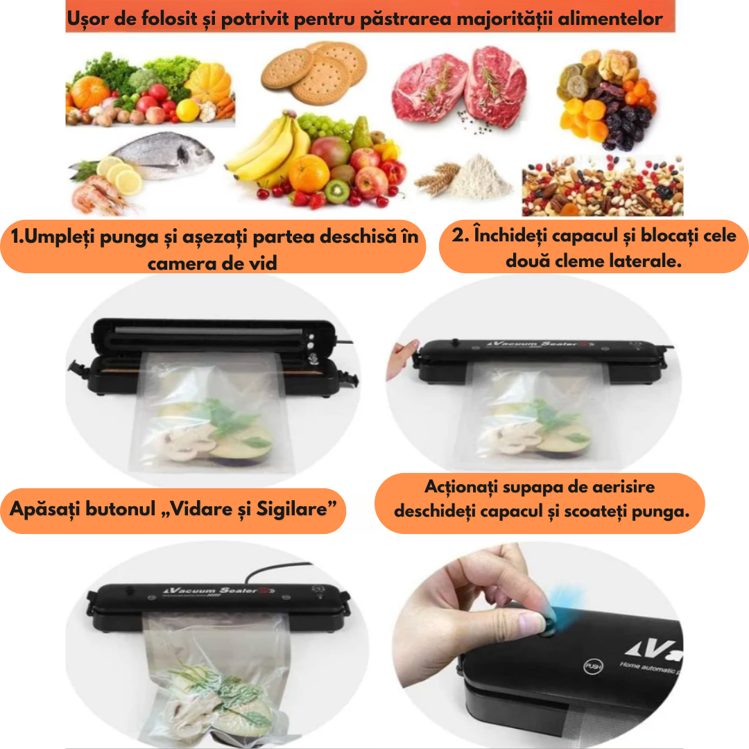 Aparat Vidat Alimente Vacuum Sealer, Sigilare Automata,Negru