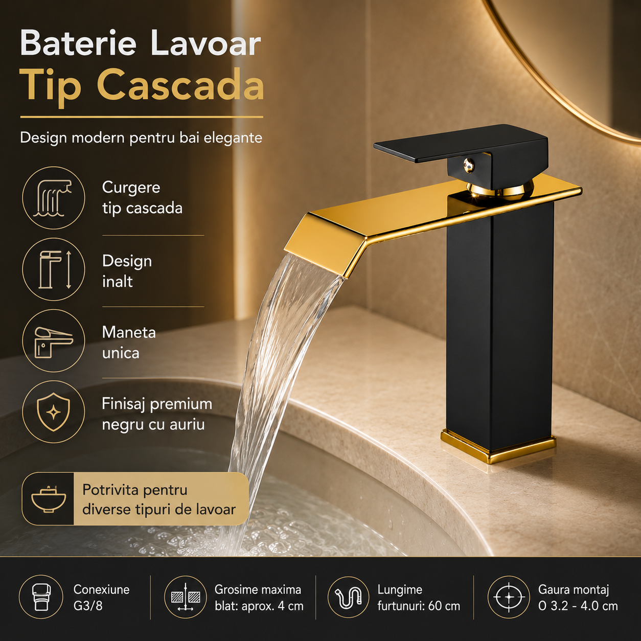 Baterie Chiuveta Baie, Tip Cascada, Negru-Auriu 19 CM