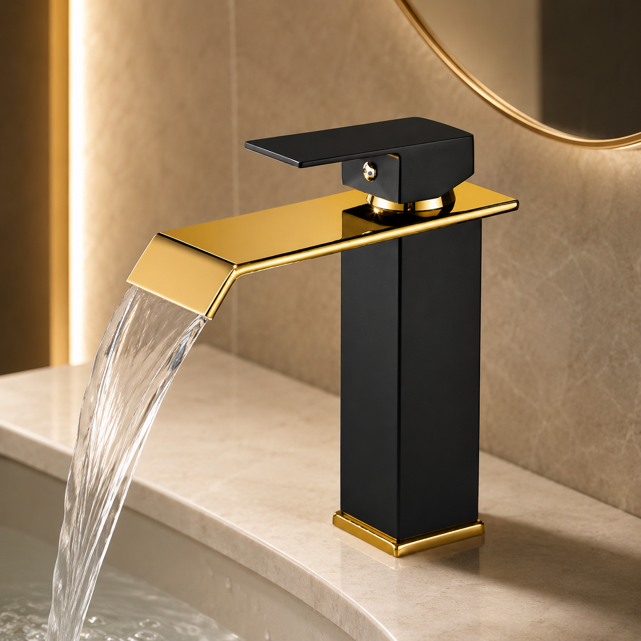 Baterie Chiuveta Baie, Tip Cascada, Negru-Auriu 19 CM
