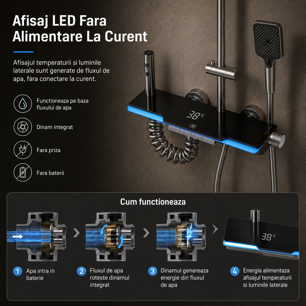 Coloana De Dus, Afisaj Temperatura Digital, Lumini LED,Fara Conectare La Curent Electric, Negru-Gri