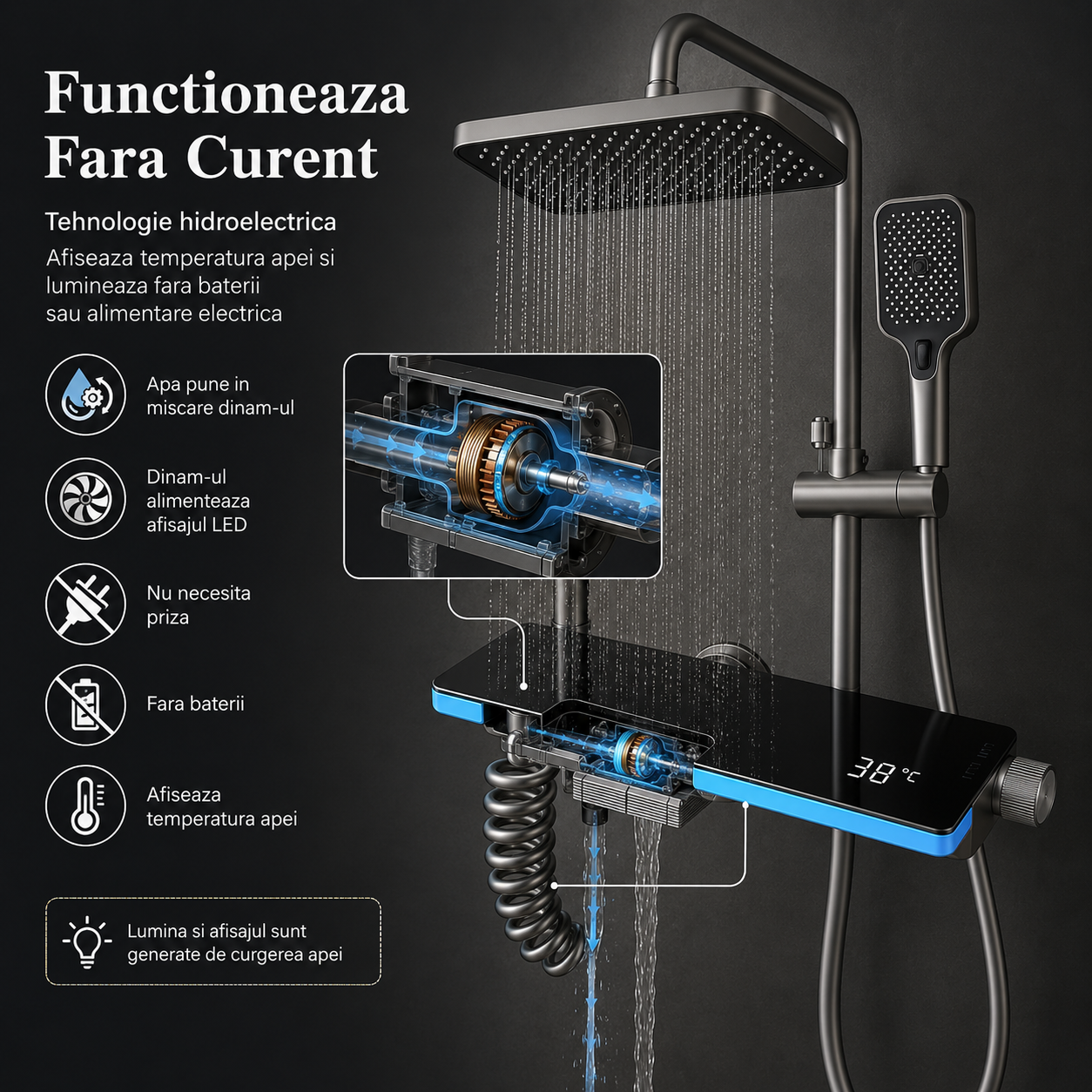 Coloana De Dus, Afisaj Temperatura Digital, Lumini LED,Fara Conectare La Curent Electric, Negru-Gri