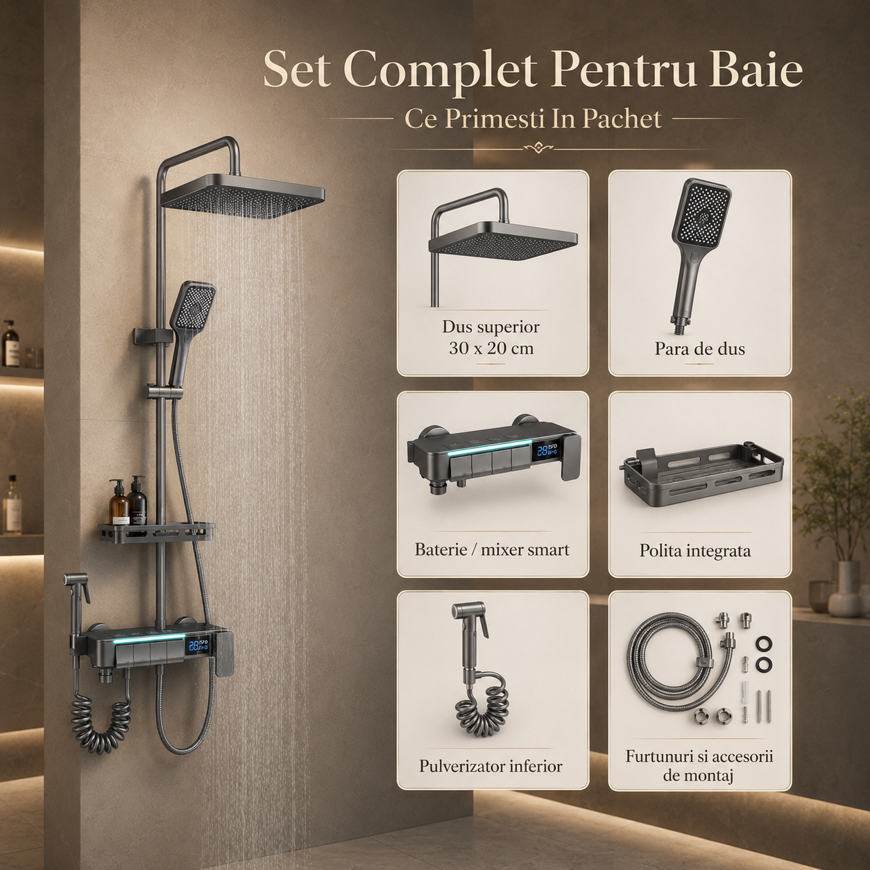 Coloana De Dus, Afisaj Temperatura Digital, Lumini LED, Fara Conectare La Curent Electric,Gri