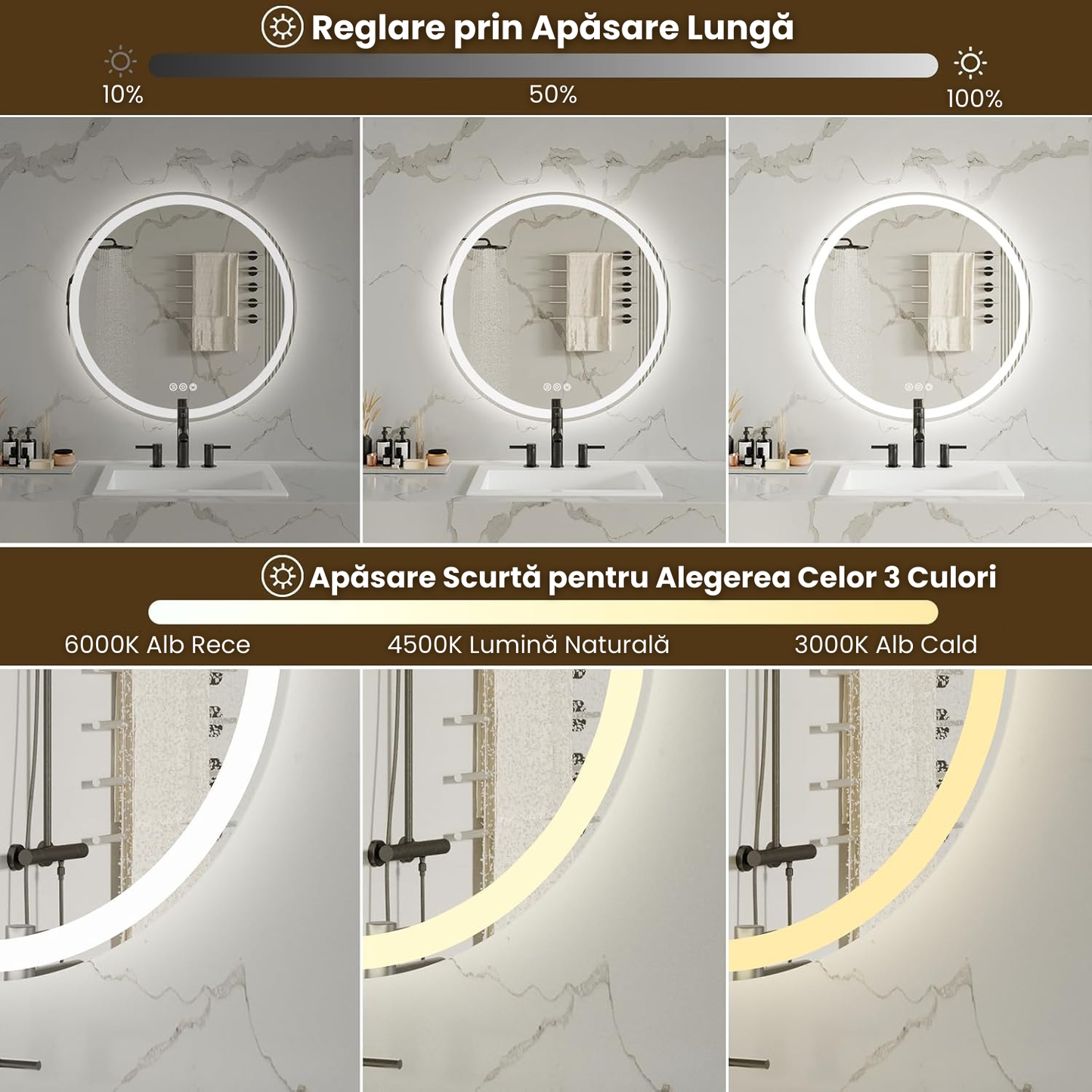 Oglinda Rotunda Baie LED Cu Functie Anti Aburire