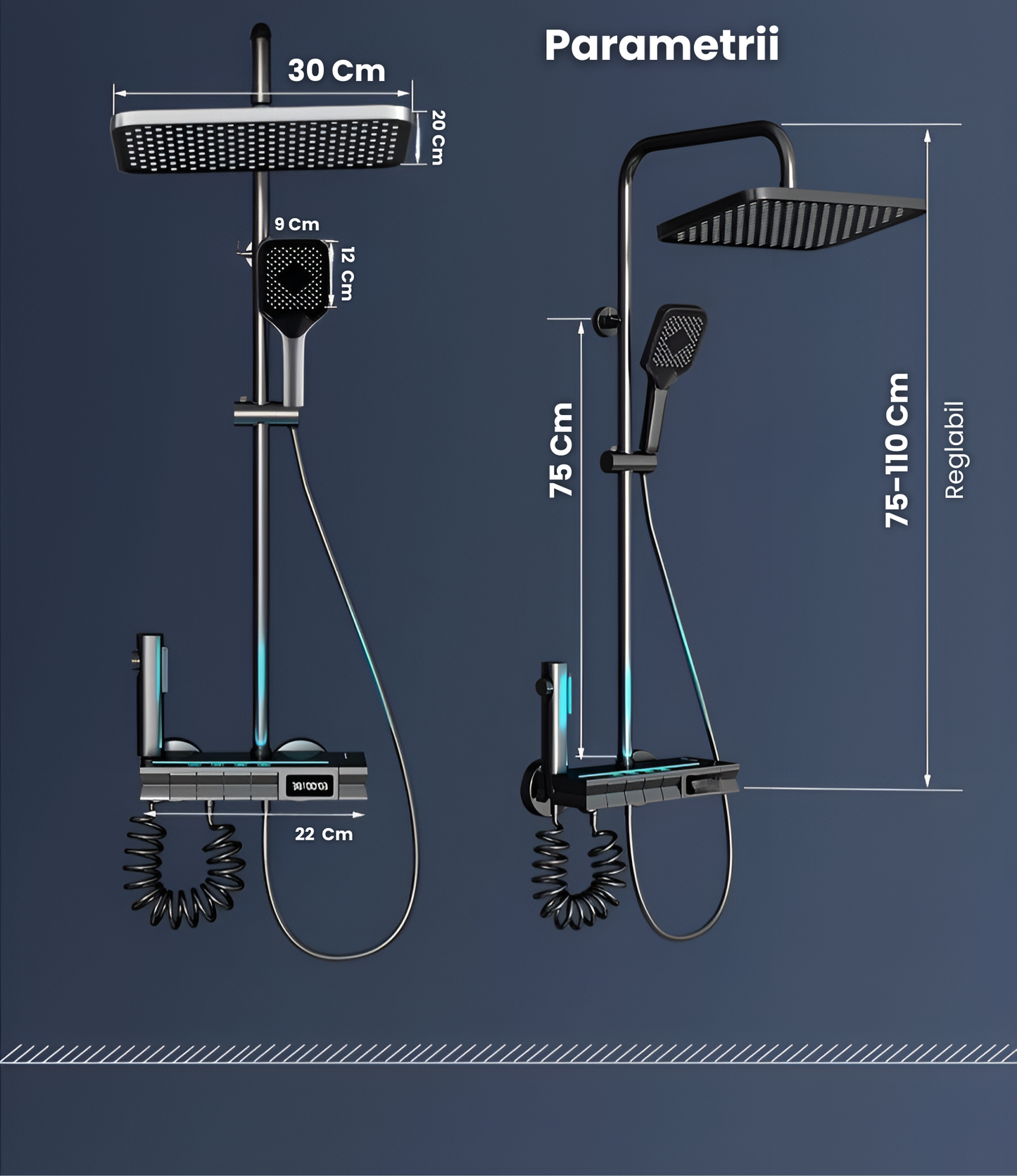 Coloana De Dus Completa, Afisaj Temperatura Digital, Lumini LED, Butoane Piano, Inaltime Reglabila