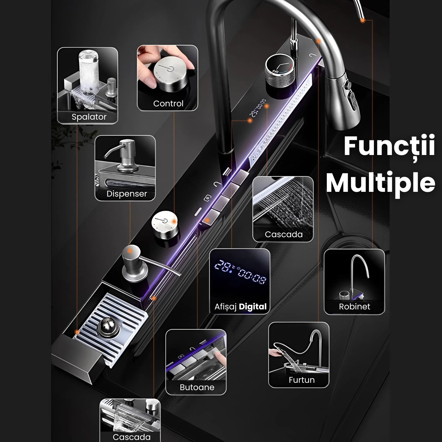Chiuveta Inteligenta Multifunctionala 4-in-1 Cu Afisaj Digital Temperatura 80x45x25