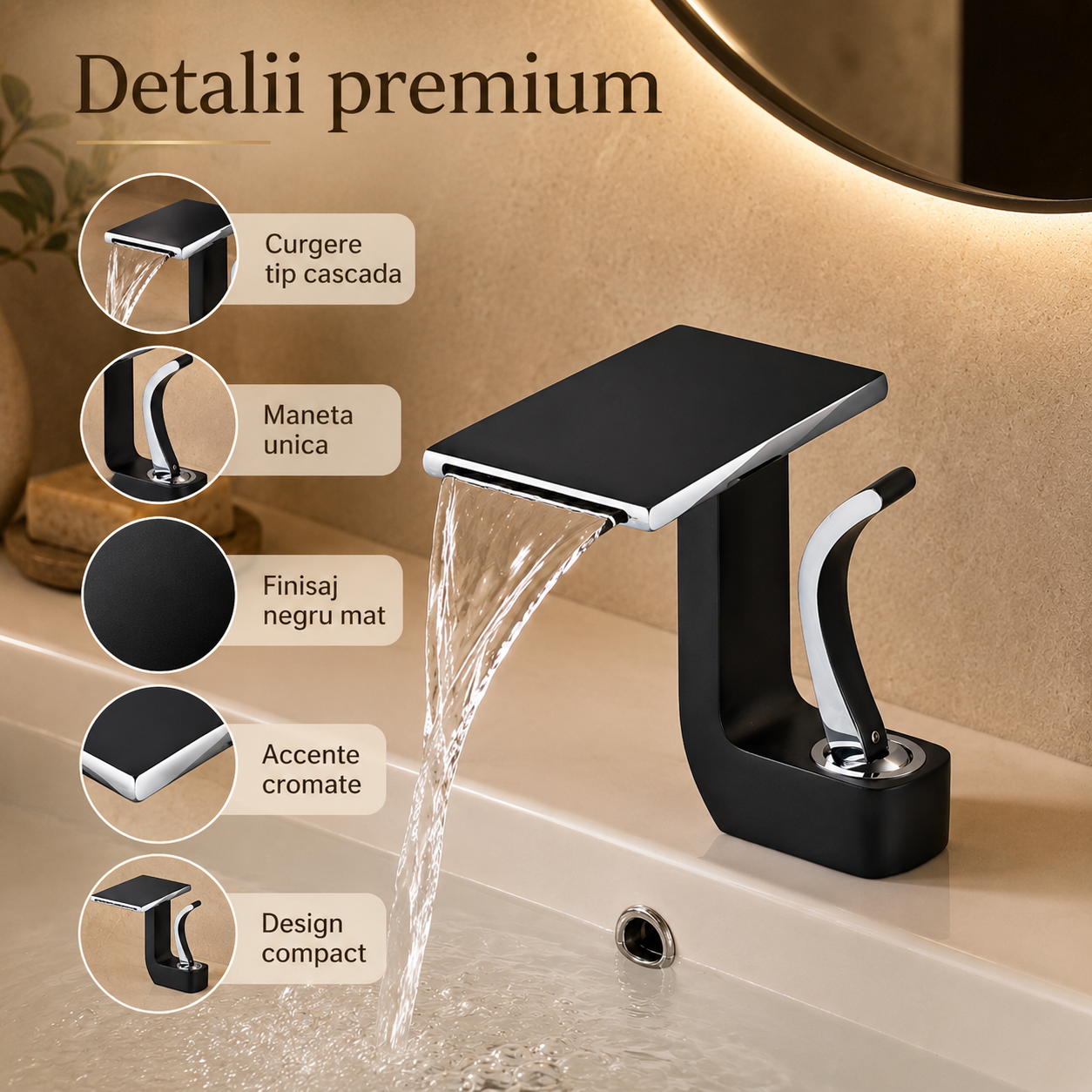 Baterie Chiuveta Baie Tip Cascada, Racorduri incluse, Otel Inoxidabil,Negru-Argintiu, 14.5CM