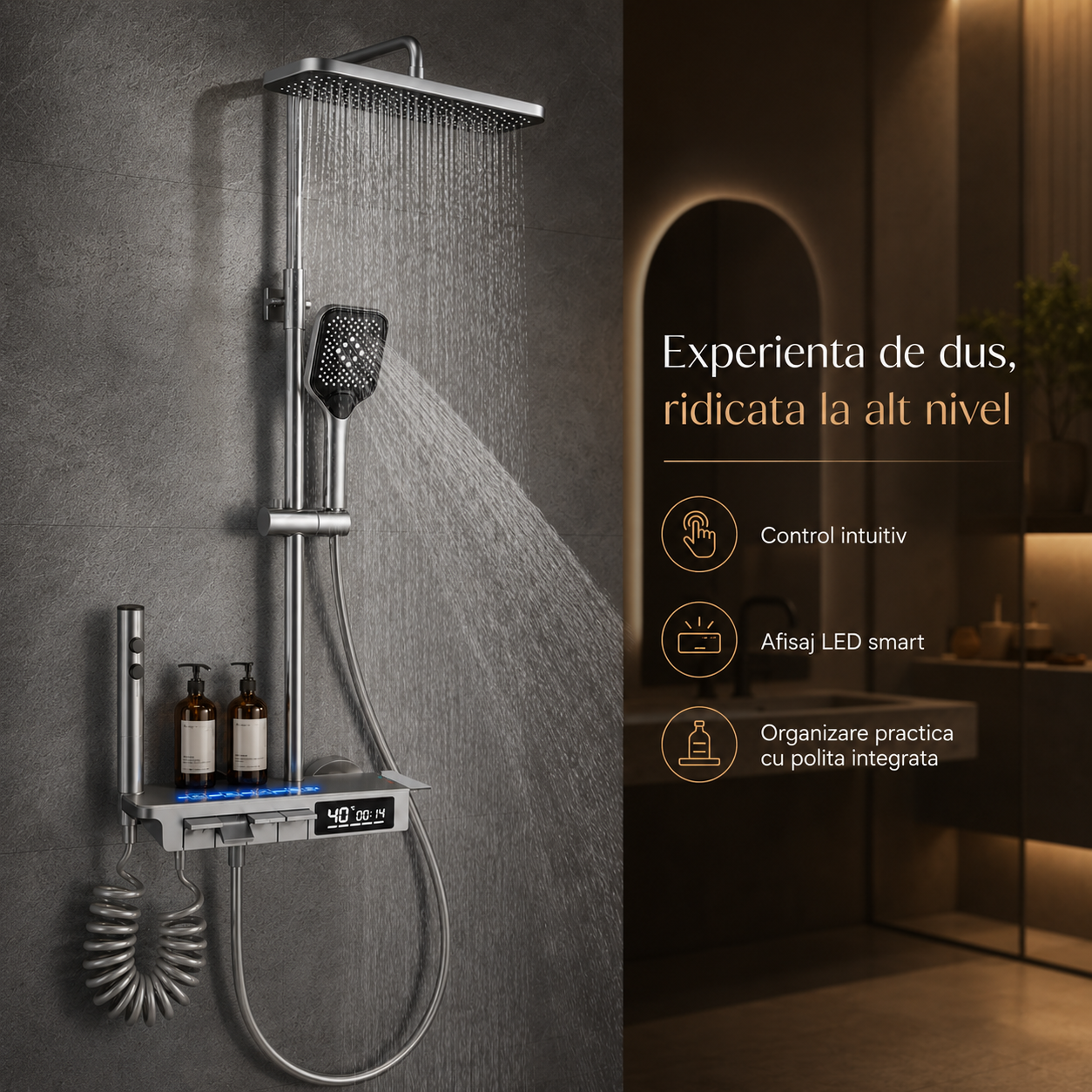 Coloana De Dus, Afisaj Temperatura Digital, Lumini LED, Gri