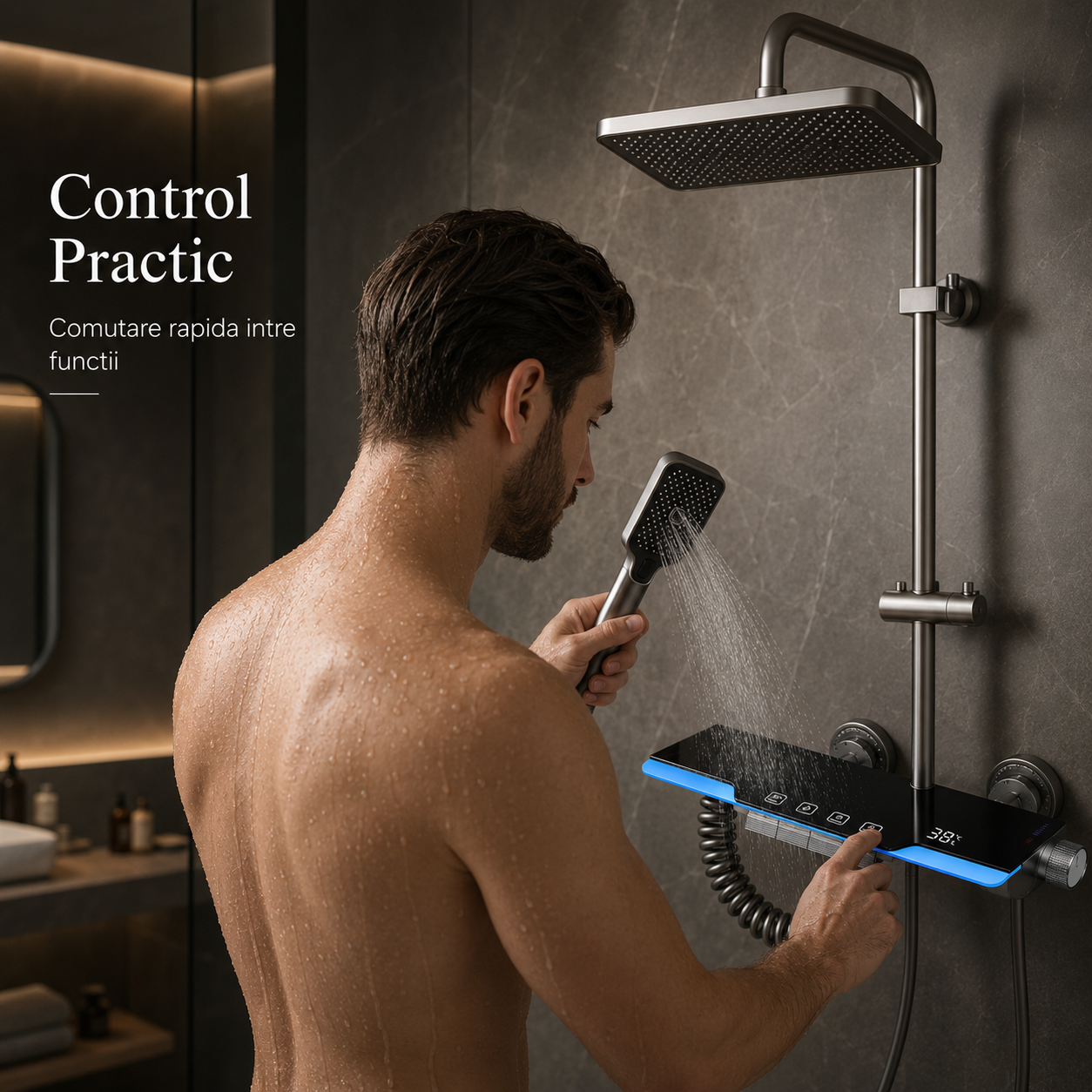 Coloana De Dus, Afisaj Temperatura Digital, Lumini LED,Fara Conectare La Curent Electric, Negru-Gri