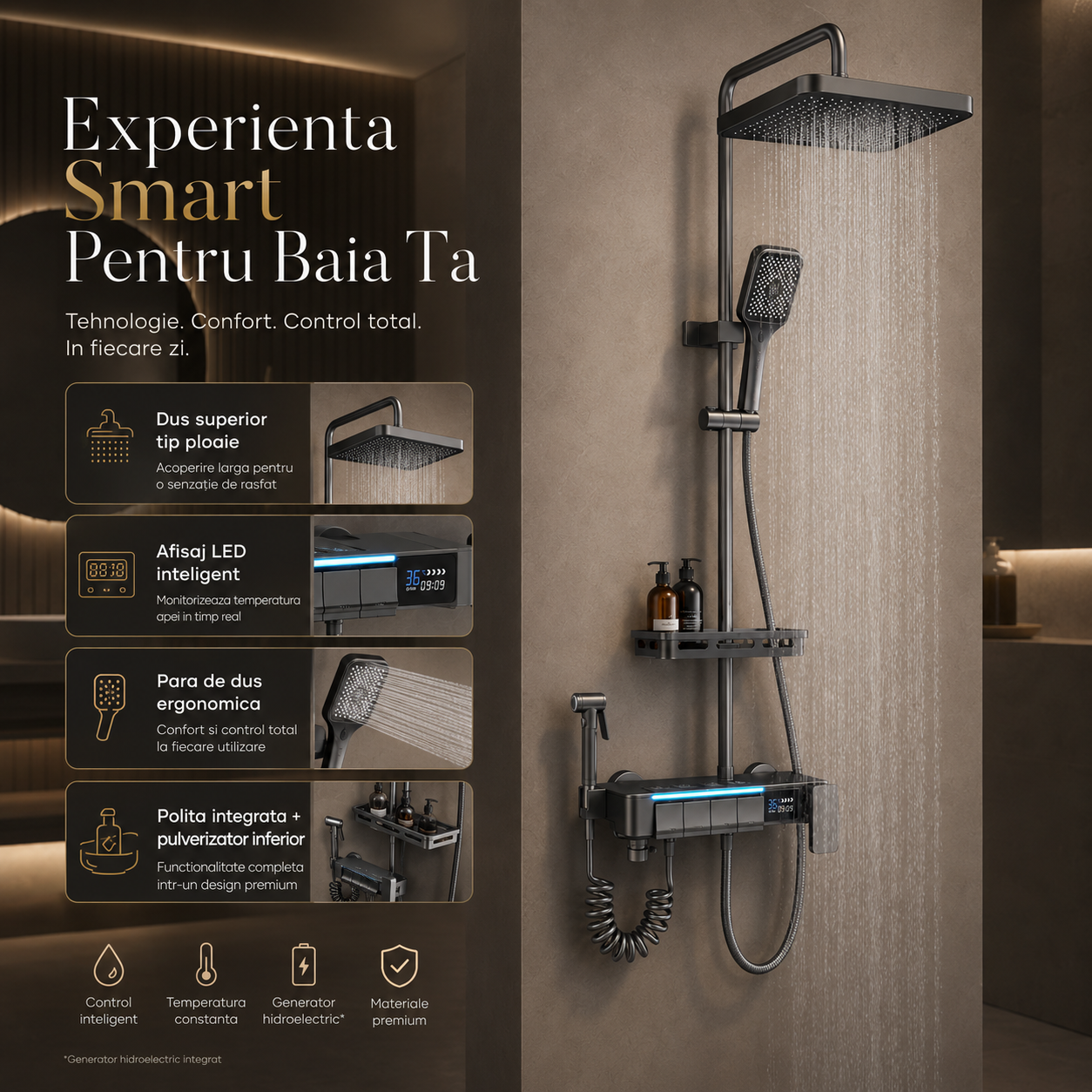 Coloana De Dus, Afisaj Temperatura Digital, Lumini LED, Fara Conectare La Curent Electric,Gri