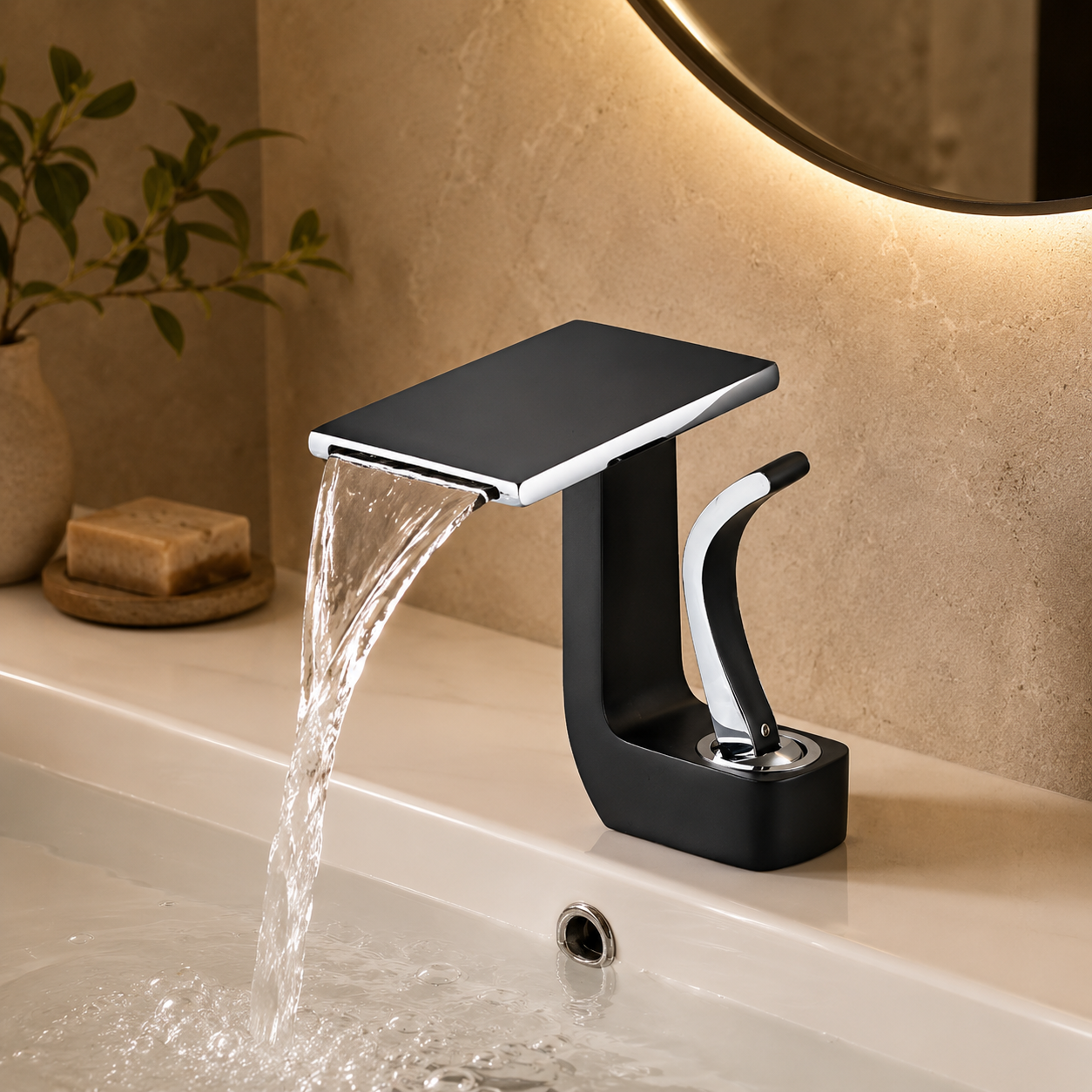 Baterie Chiuveta Baie Tip Cascada, Racorduri incluse, Otel Inoxidabil,Negru-Argintiu, 14.5CM