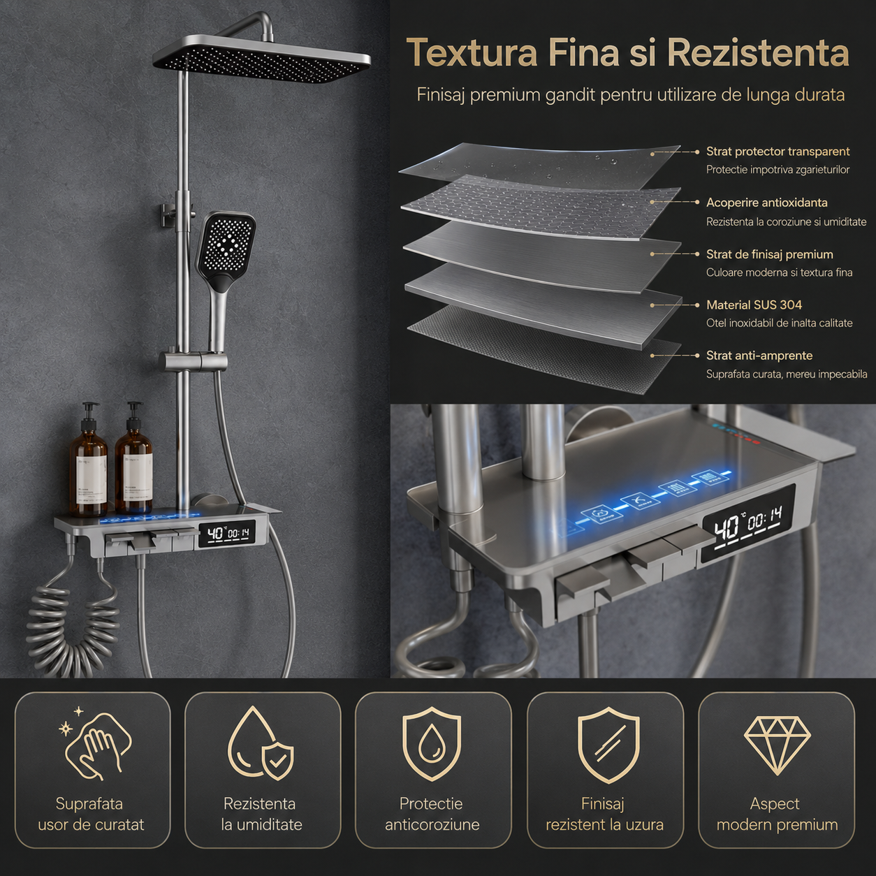 Coloana De Dus, Afisaj Temperatura Digital, Lumini LED, Gri