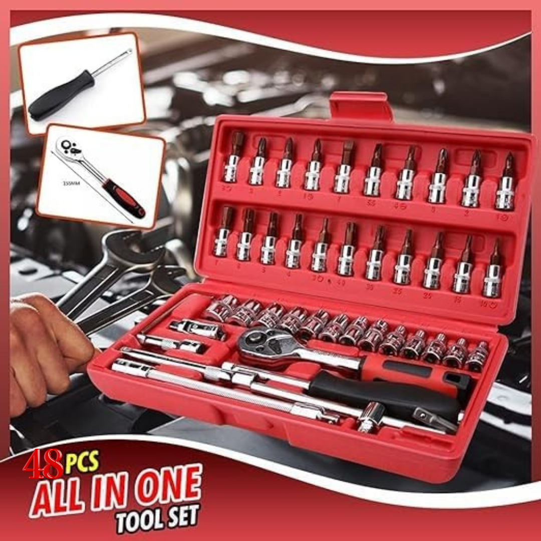 Trusa Chei Tubulare 48 Piese Cu Clichet Profesionala, Set Scule Auto Si Casa, Bituri Si Capete Diverse, Prelungitoare, Maner Clichet Rapid, T Bar, Adaptor,Culoare Rosu