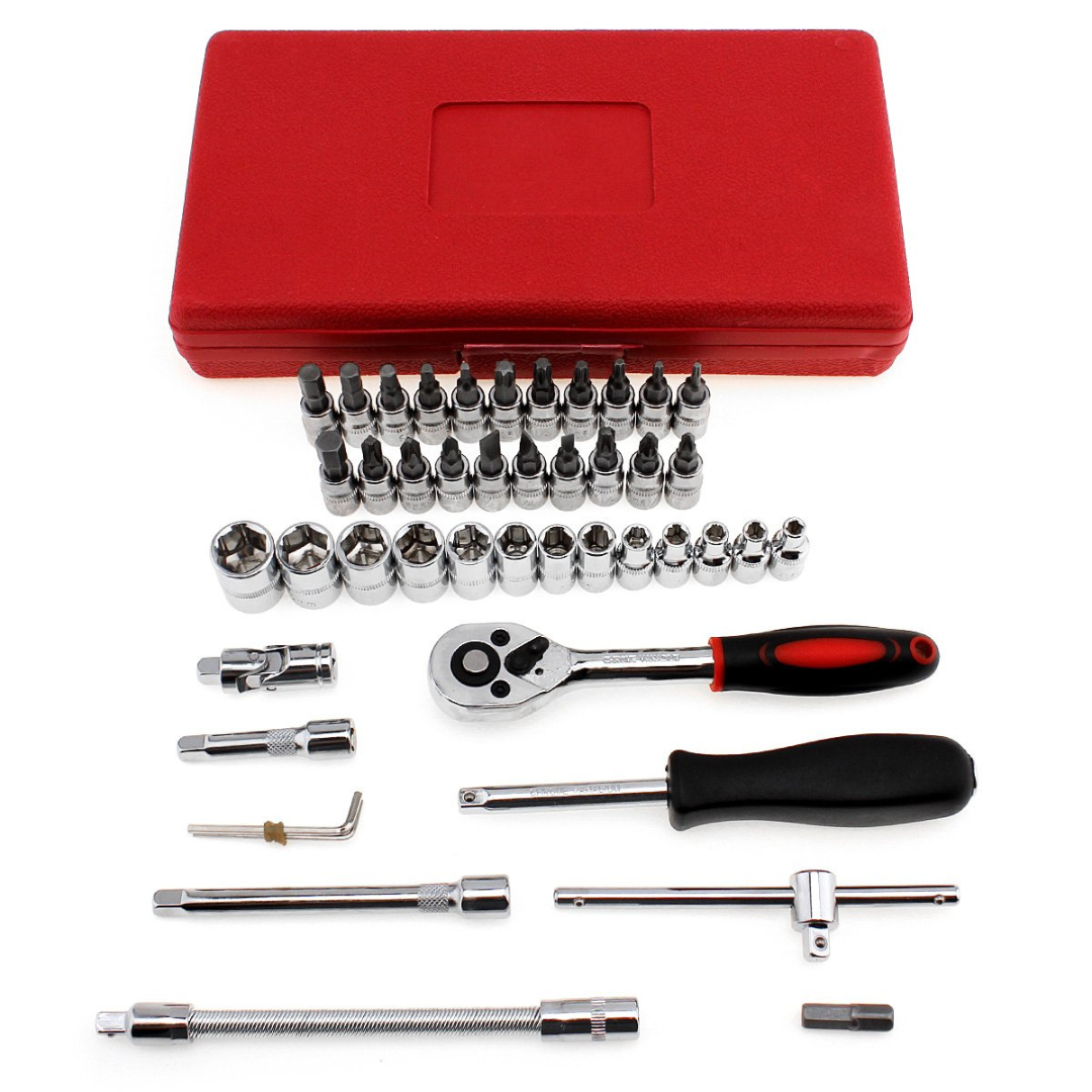 Trusa Chei Tubulare 48 Piese Cu Clichet Profesionala, Set Scule Auto Si Casa, Bituri Si Capete Diverse, Prelungitoare, Maner Clichet Rapid, T Bar, Adaptor,Culoare Rosu