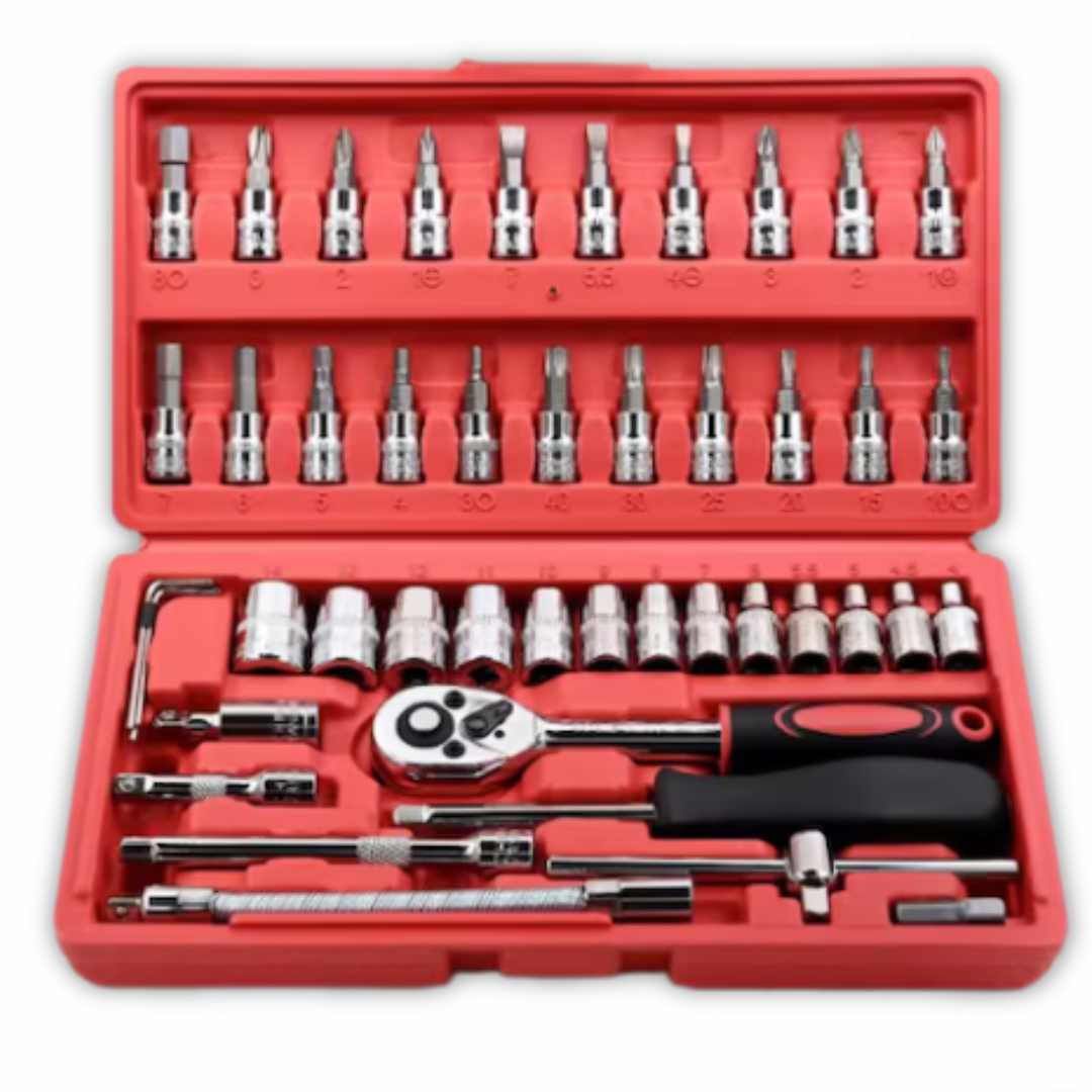 Trusa Chei Tubulare 48 Piese Cu Clichet Profesionala, Set Scule Auto Si Casa, Bituri Si Capete Diverse, Prelungitoare, Maner Clichet Rapid, T Bar, Adaptor,Culoare Rosu