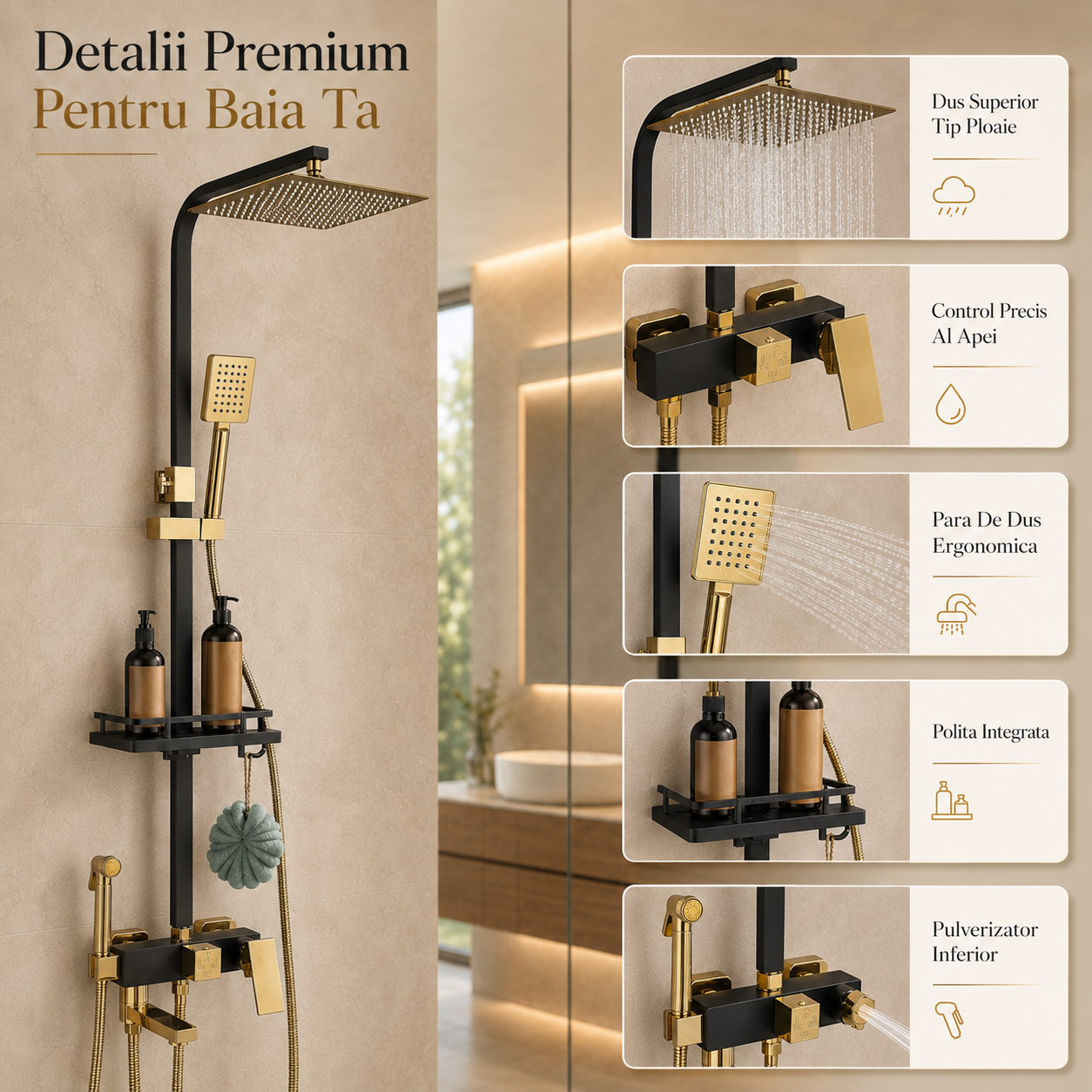 Set Dus Complet Pentru Baie, Coloana De Dus Negru Cu Auriu