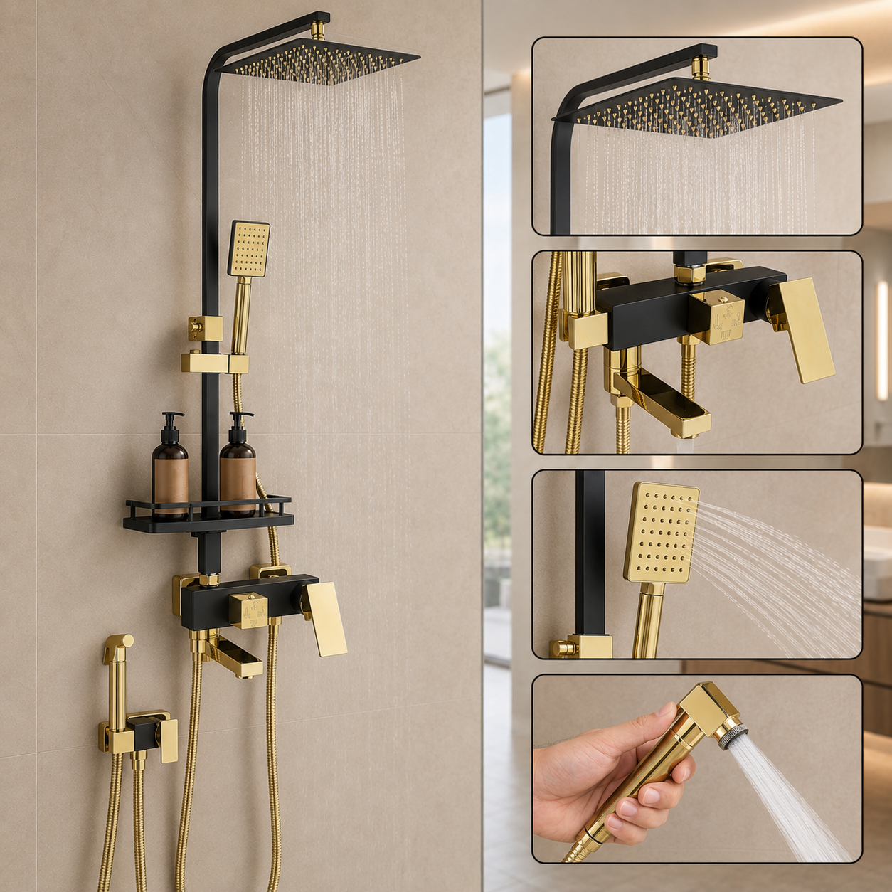 Set Dus Complet Pentru Baie, Coloana De Dus Negru Cu Auriu