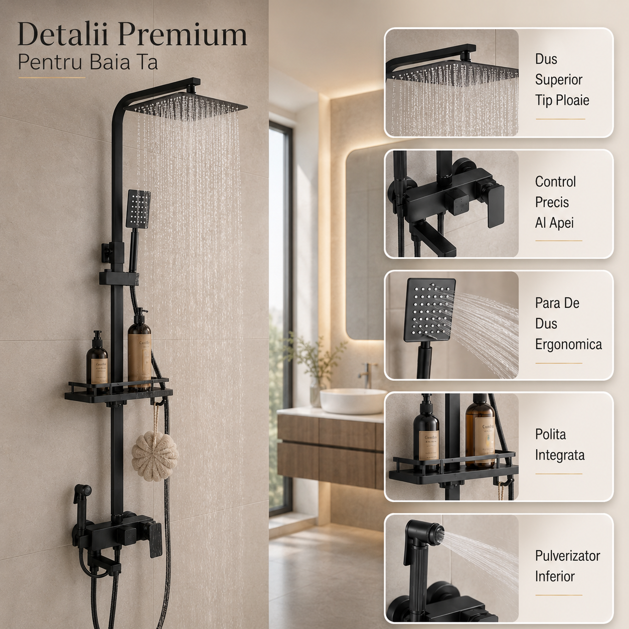 Set Dus Complet Pentru Baie, Coloana De Dus Neagra