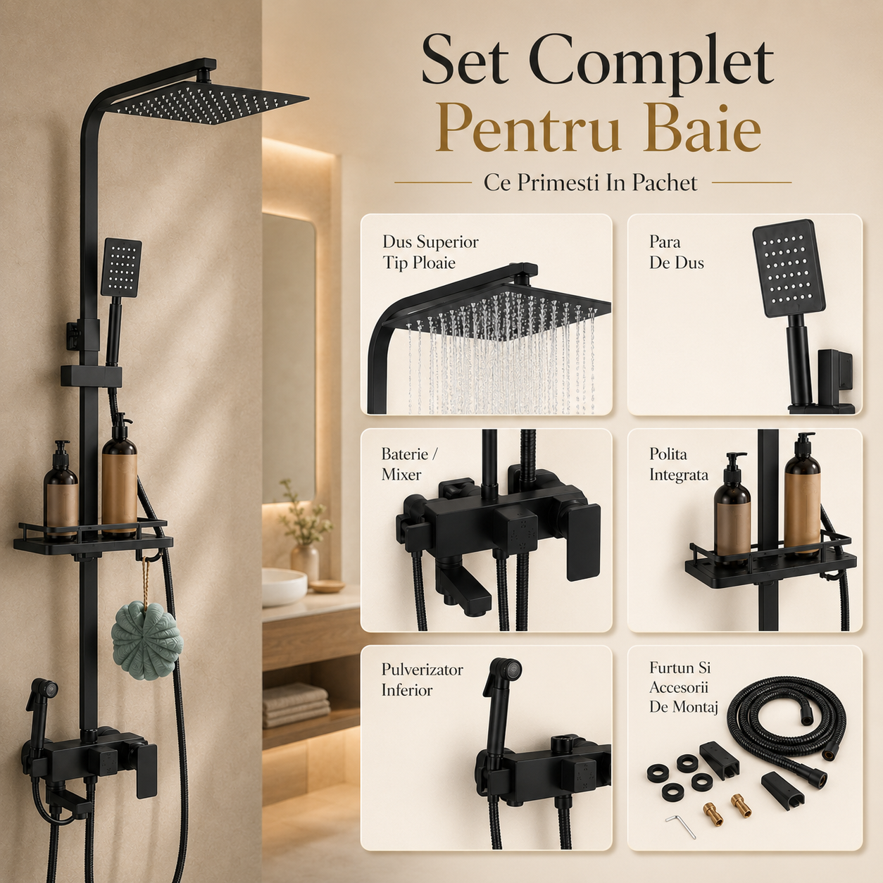 Set Dus Complet Pentru Baie, Coloana De Dus Neagra