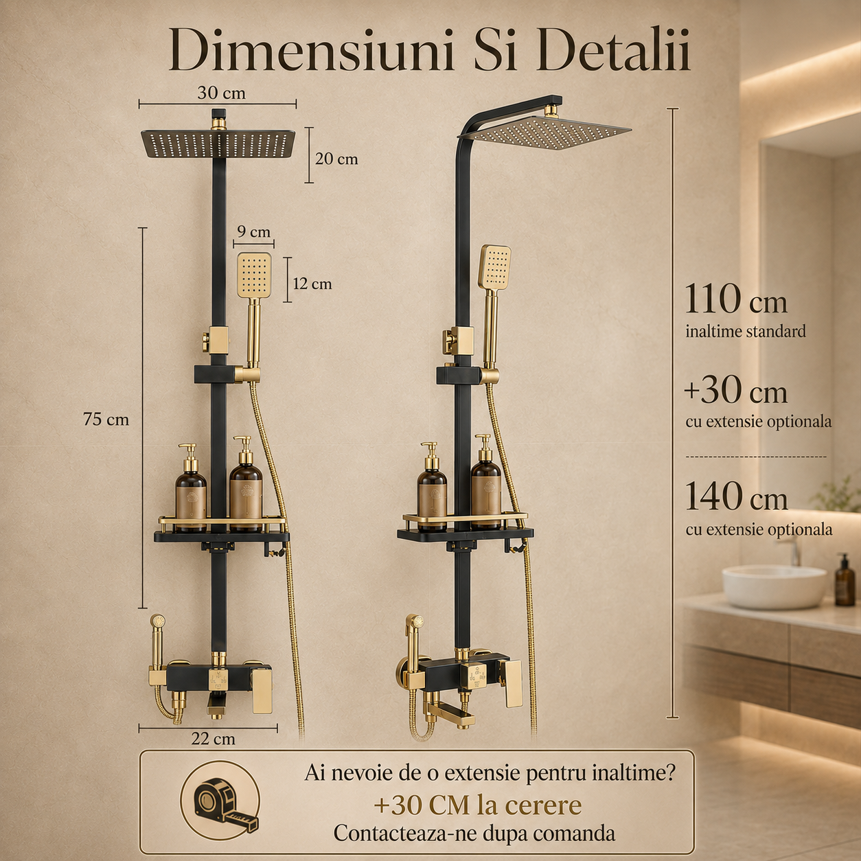 Set Dus Complet Pentru Baie, Coloana De Dus Negru Cu Auriu