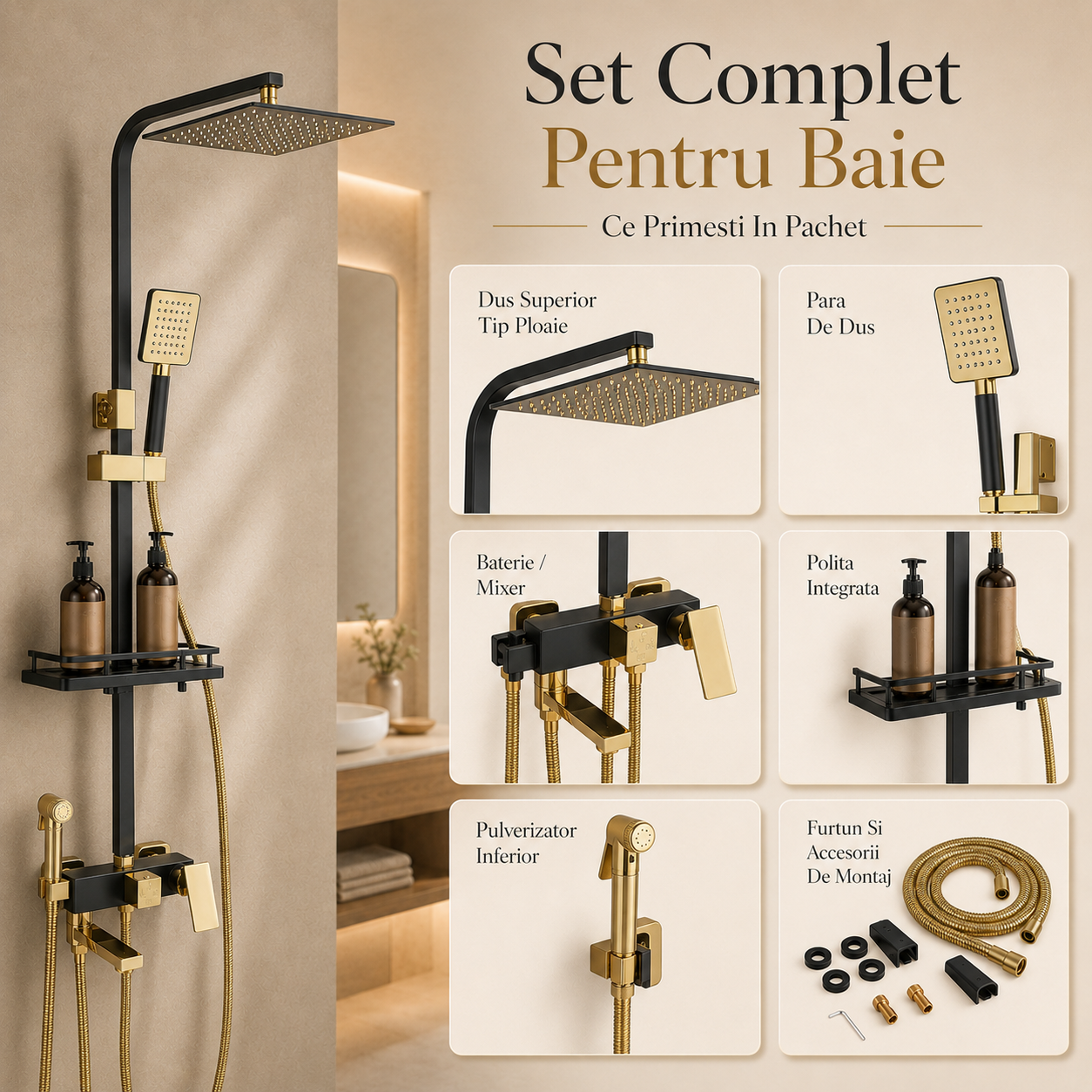 Set Dus Complet Pentru Baie, Coloana De Dus Negru Cu Auriu