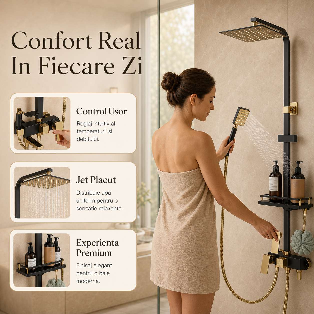 Set Dus Complet Pentru Baie, Coloana De Dus Negru Cu Auriu