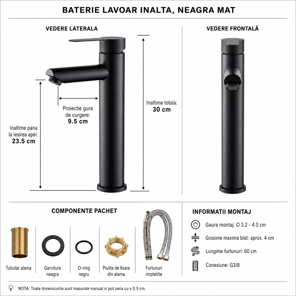 Baterie Chiuveta Baie, Otel Inoxidabil,Negru 30 cm