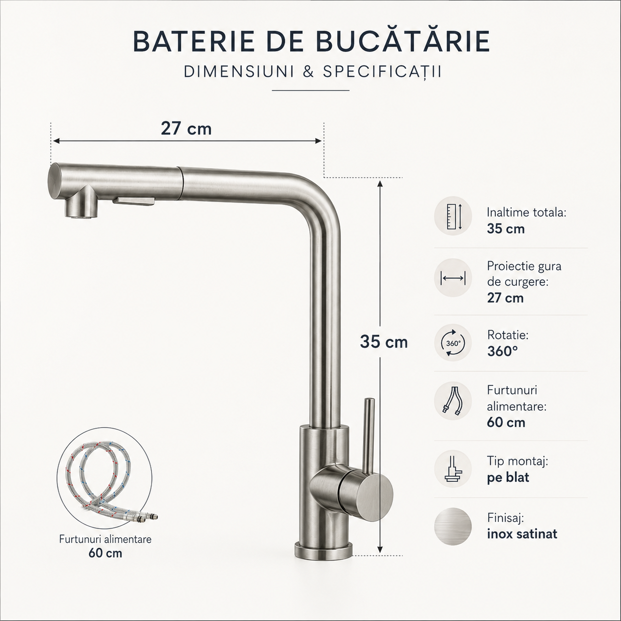 Baterie Chiuveta Bucatarie Inalta, 2 Moduri Pulverizare, Argintie