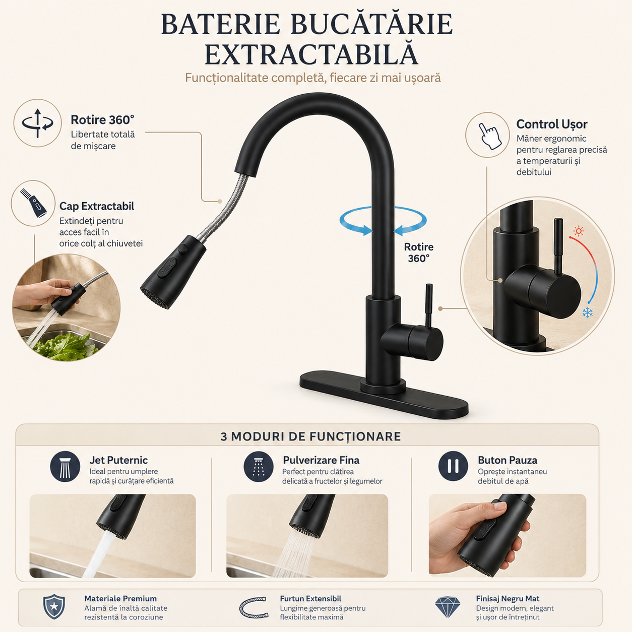 Baterie Chiuveta Bucatarie, Capat Extractabil