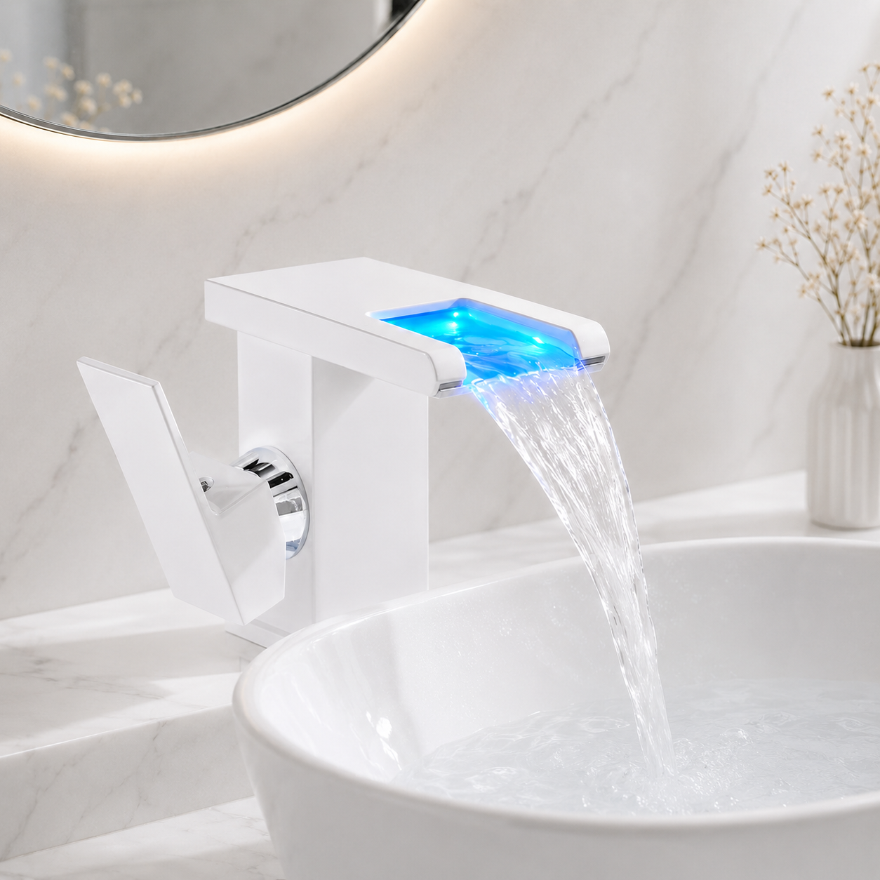 Baterie Sanitara Baie,LED Cascada Modern, Jet RGB, Finisaj Alb Mat