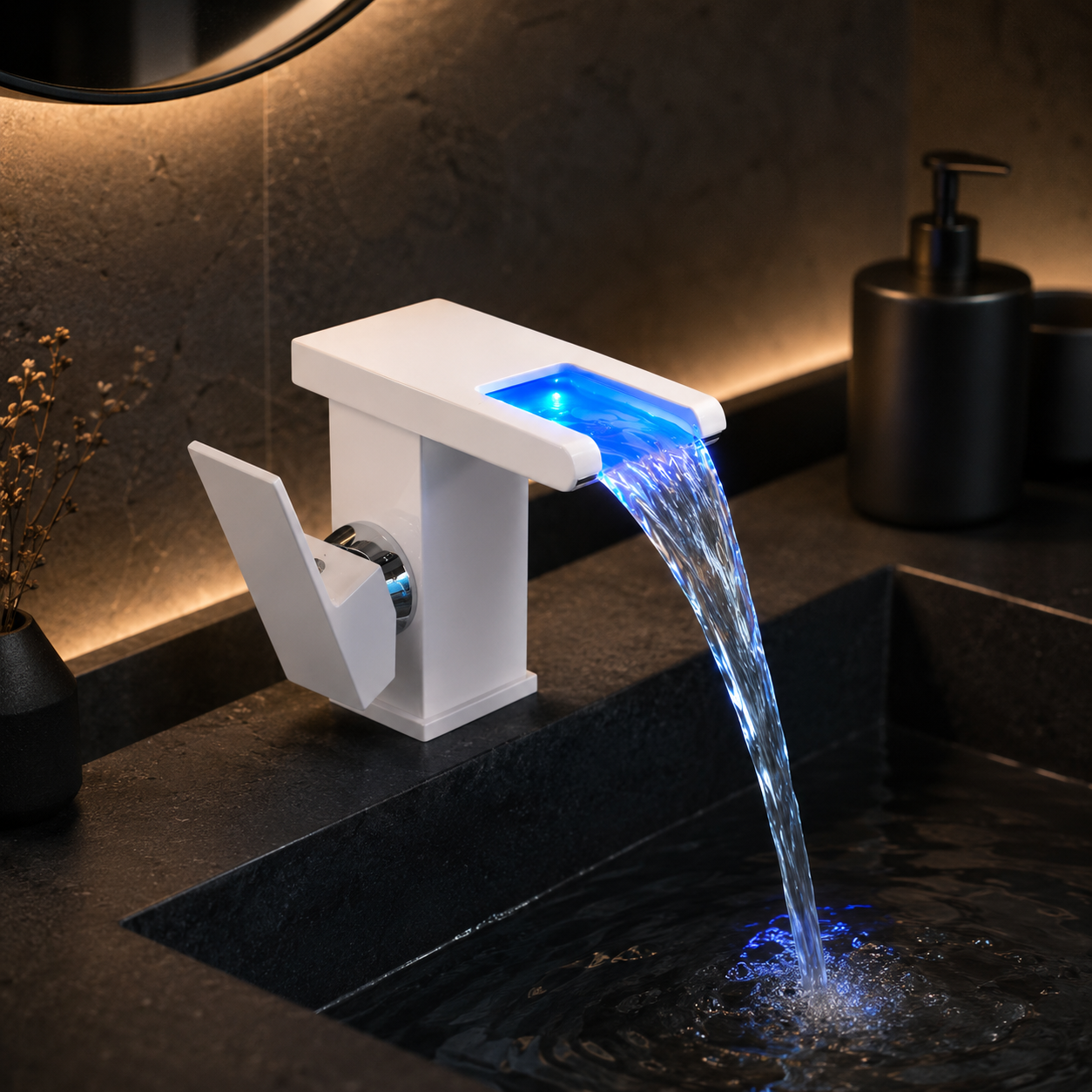 Baterie Sanitara Baie,LED Cascada Modern, Jet RGB, Finisaj Alb Mat