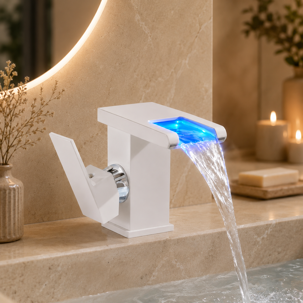 Baterie Sanitara Baie,LED Cascada Modern, Jet RGB, Finisaj Alb Mat