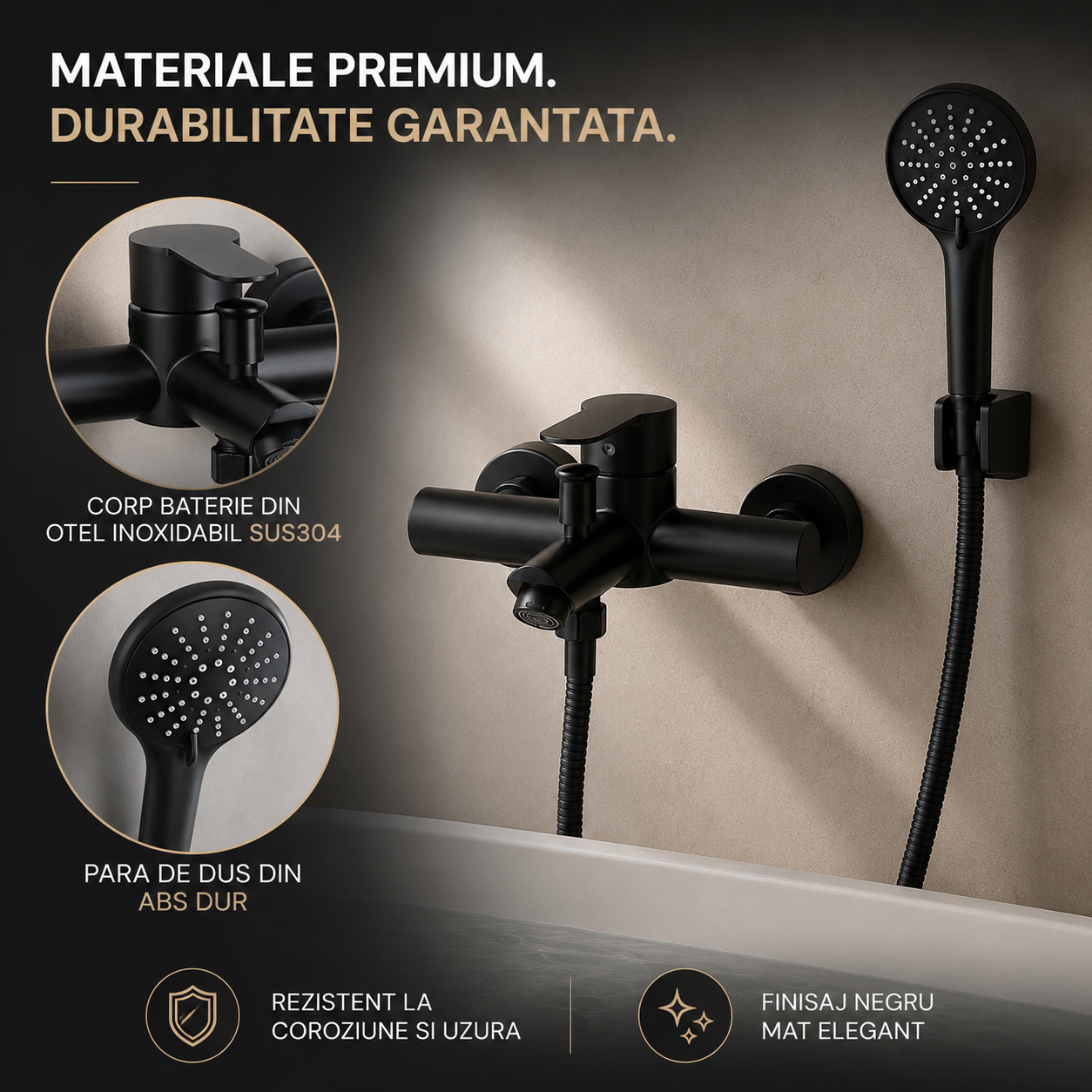 Baterie cada,din otel inoxidabil, Negru Mat