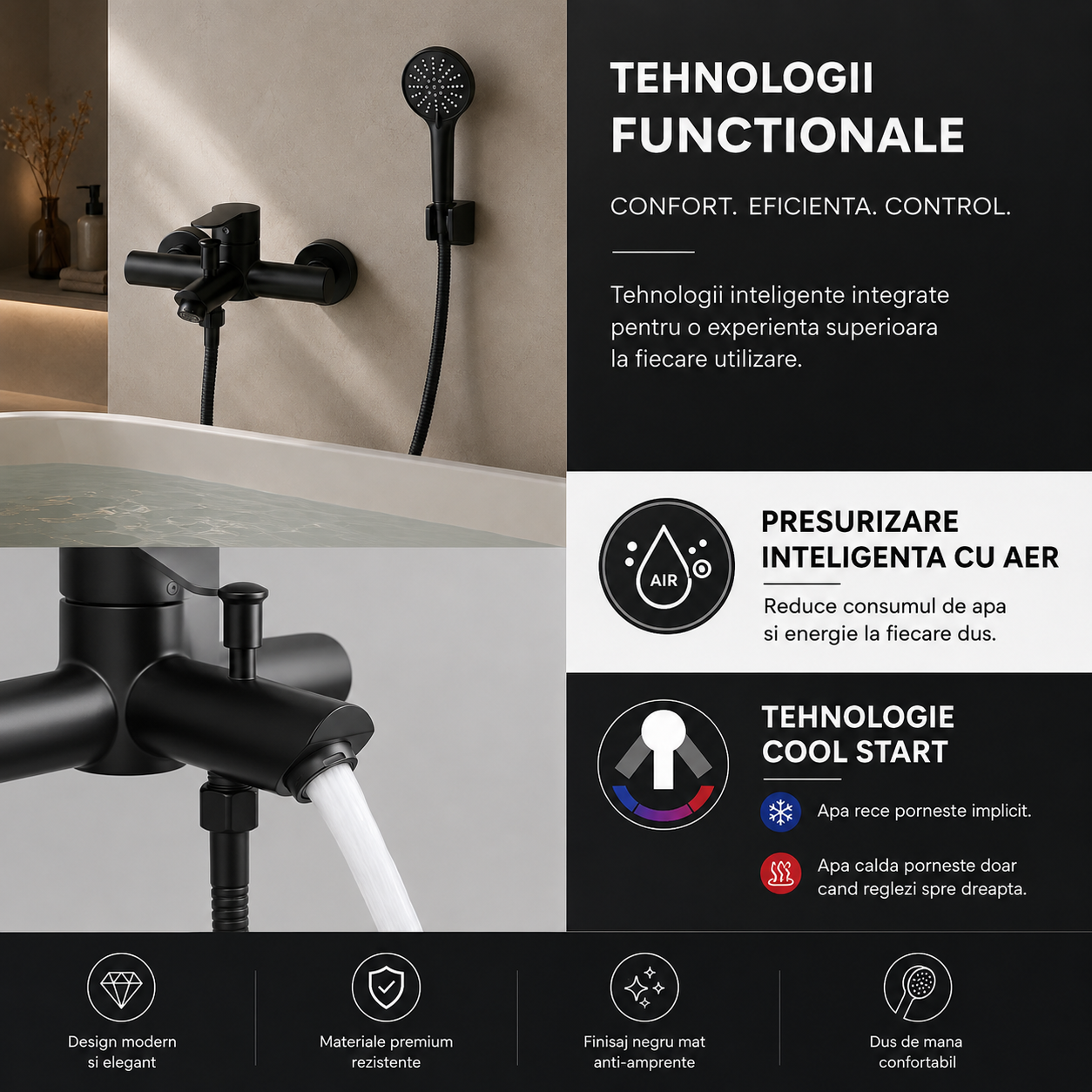 Baterie cada,din otel inoxidabil, Negru Mat
