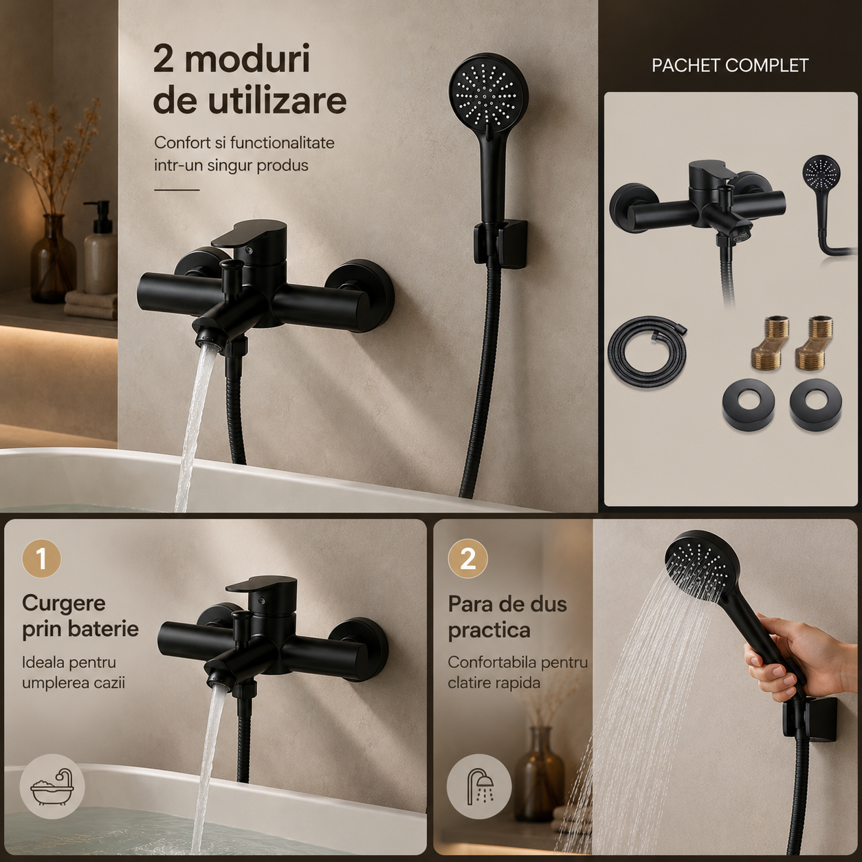Baterie cada,din otel inoxidabil, Negru Mat