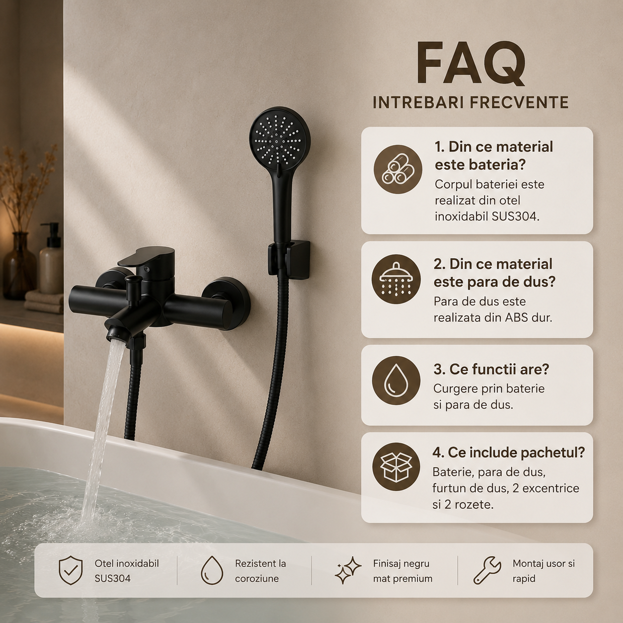 Baterie cada,din otel inoxidabil, Negru Mat
