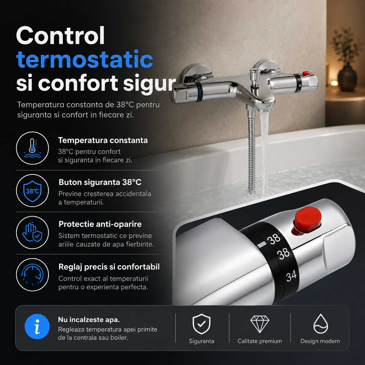 Baterie Cada Cu Termostat,Alama, Control al Temperaturii la 38°C
