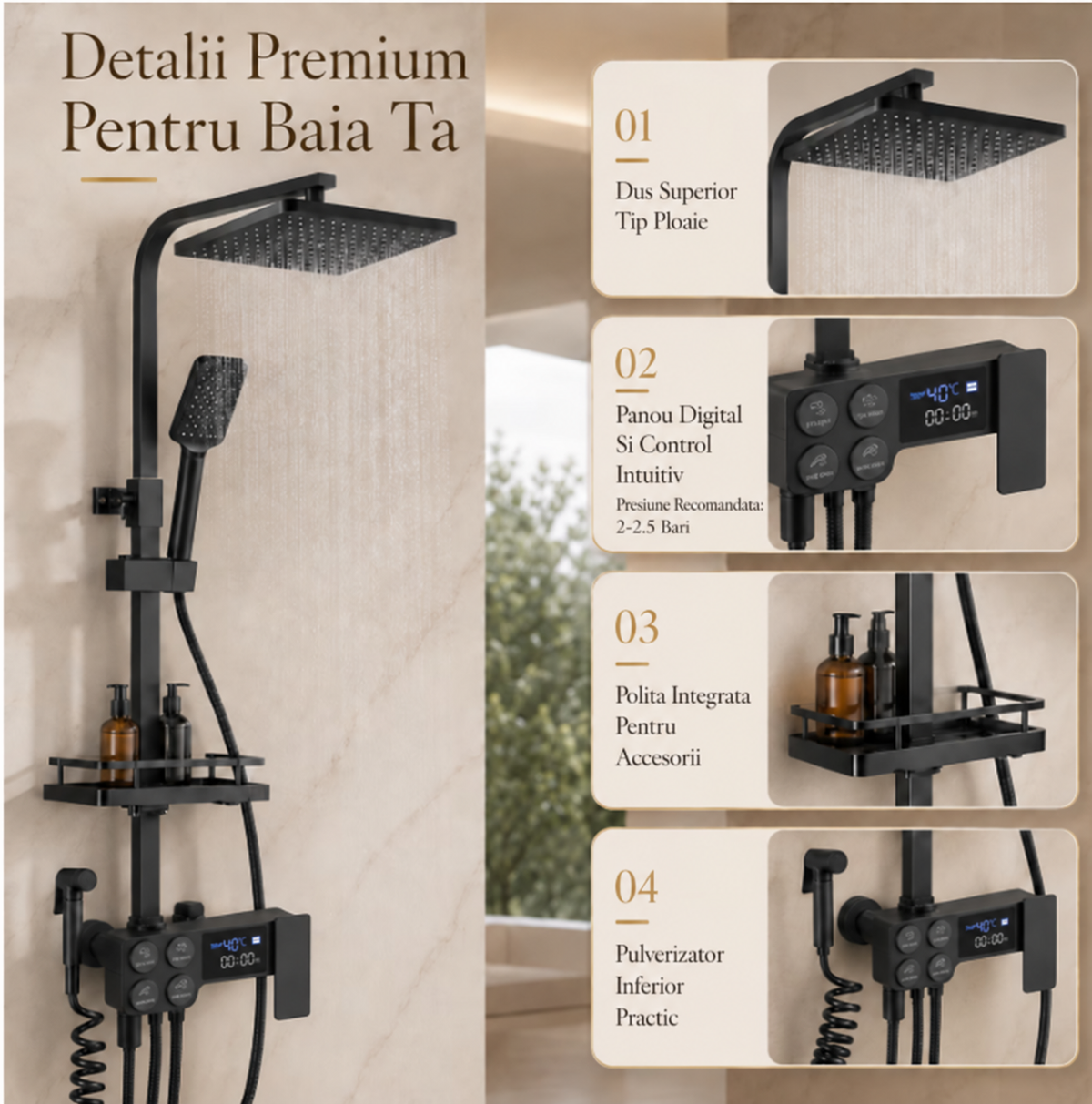 Coloana de Dus Smart, Butoane Interactive, 4 Moduri de Pulverizare,Negru