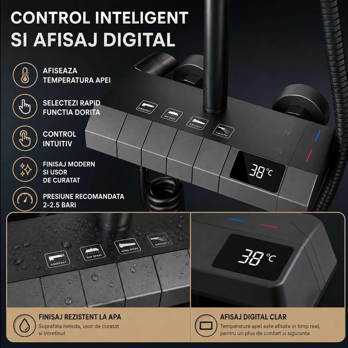 Coloana De Dus, Afisaj Temperatura Digital, Lumini LED, Fara Conectare La Curent Electric,Negru-Gri