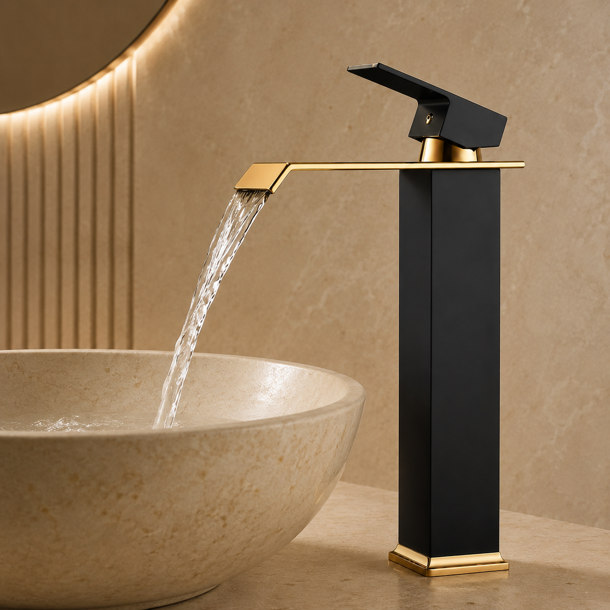 Baterie Chiuveta Baie, Tip Cascada, Otel Inoxidabil, Neagru-Auriu 30CM