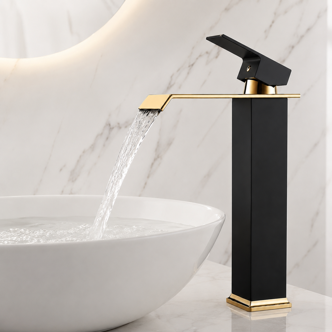 Baterie Chiuveta Baie, Tip Cascada, Otel Inoxidabil, Neagru-Auriu 30CM