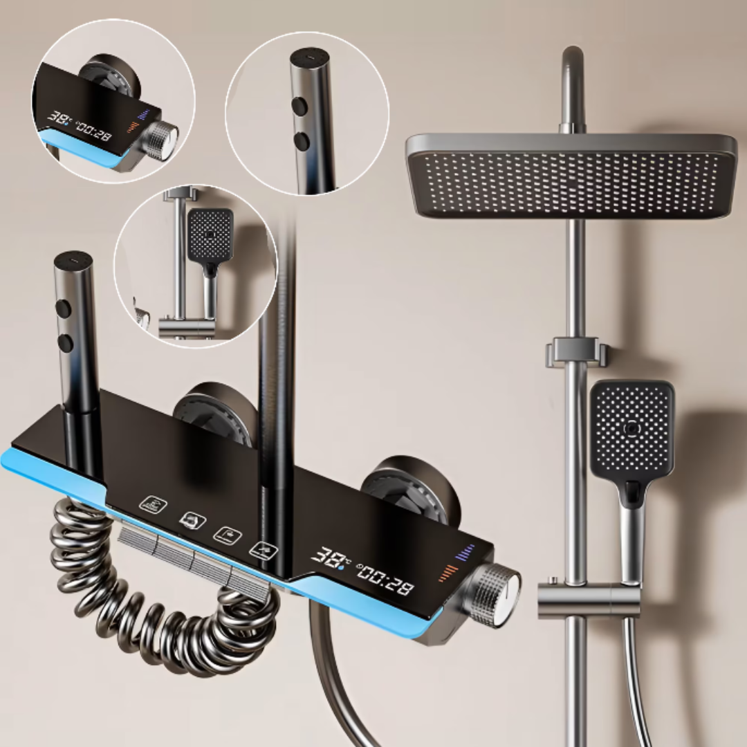 Coloana De Dus, Afisaj Temperatura Digital, Lumini LED,Fara Conectare La Curent Electric, Negru-Gri