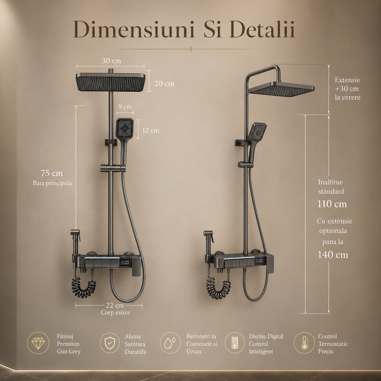 Coloana De Dus, Afisaj Temperatura Digital, Lumini LED, Fara Conectare La Curent Electric,Gri