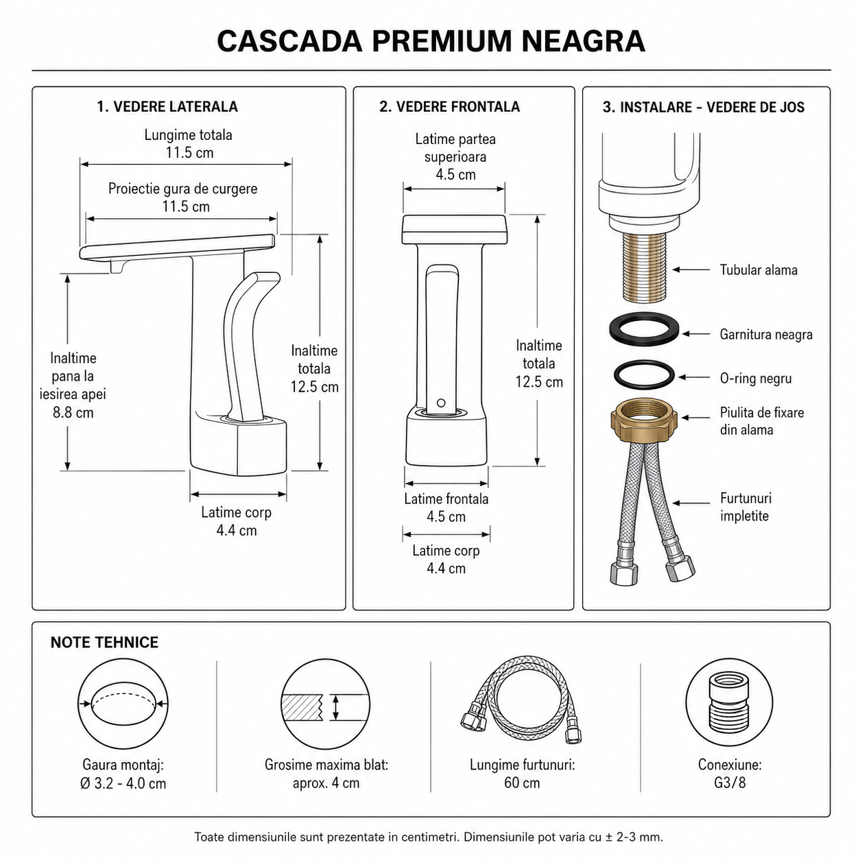 Baterie Chiuveta Baie Tip Cascada, Racorduri incluse, Otel Inoxidabil,Negru Mat, 14.5CM