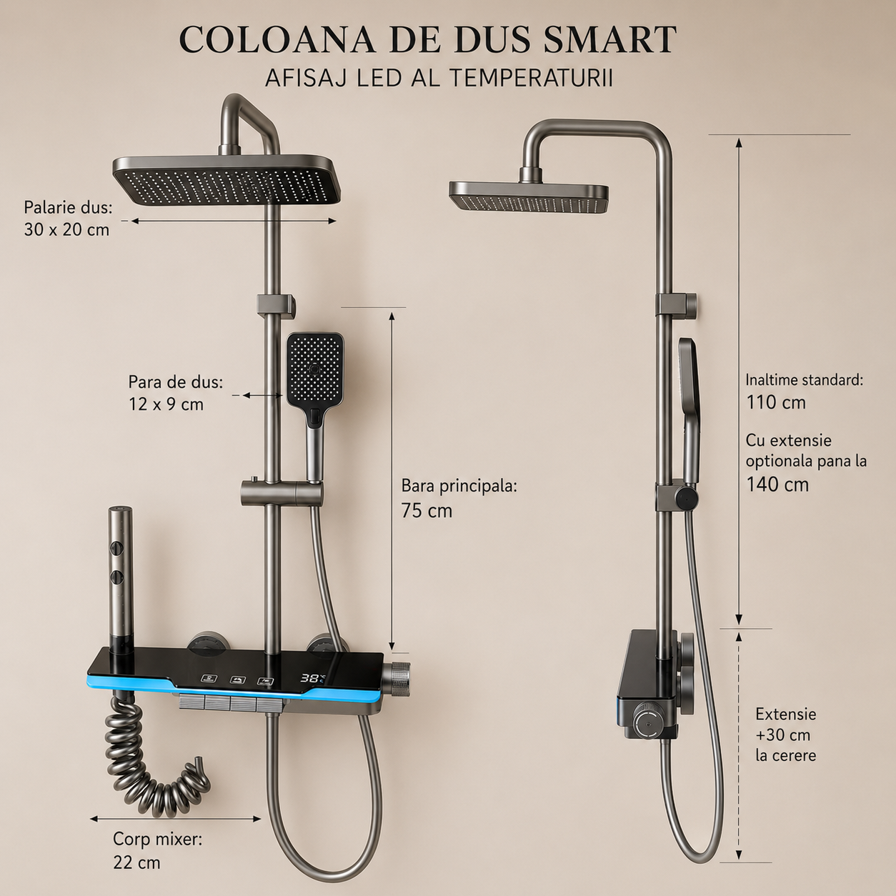 Coloana De Dus, Afisaj Temperatura Digital, Lumini LED,Fara Conectare La Curent Electric, Negru-Gri